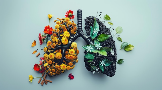 Foto modelo artístico de pulmones con flores en una superficie plana día mundial sin tabaco