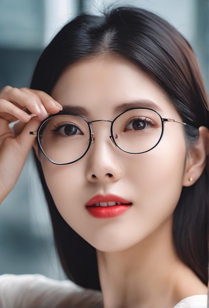 Modelo asiático bonito e bonito usa óculos