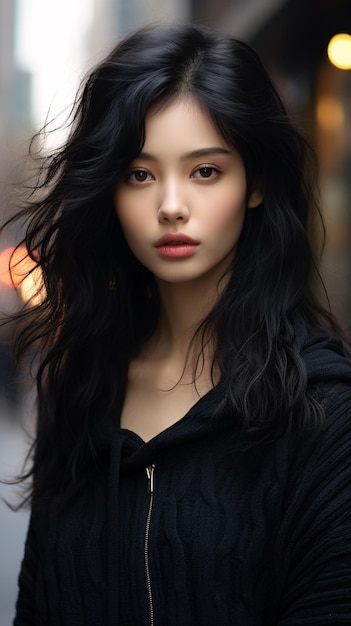 Modelo asiático chino con cabello negro y labios hermosos.