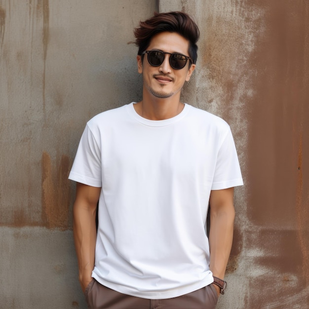 Modelo asiático guapo que usa una camiseta en blanco para el diseño de maqueta