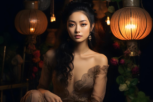 Modelo asiático posando iluminação de estúdio atmosfera criativa mostrando a arte da fotografia de retrato