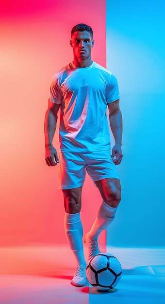 Modelo atlético con pantalones cortos de fútbol y camiseta Argentina Deporte Ropa de moda de moda Foto