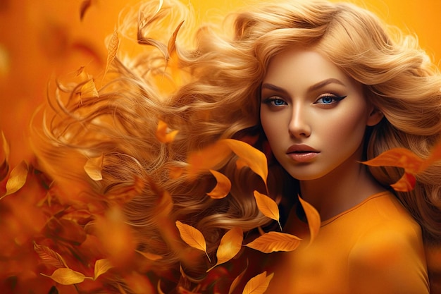 Modelo atraente de mulher ruiva simbolizando a temporada de outono com cores brilhantes