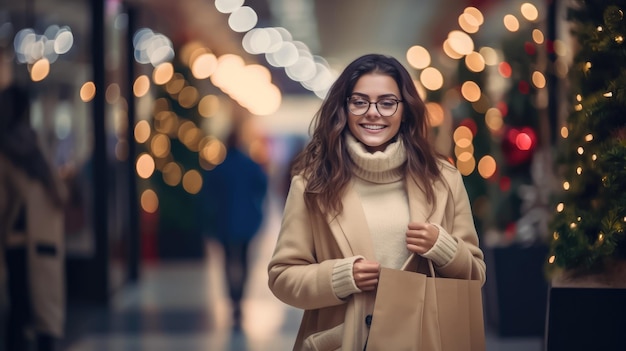 Modelo atraente em roupas elegantes em um supermercado moderno