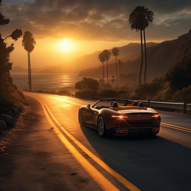 Foto modelo de automóvil en la carretera al atardecer