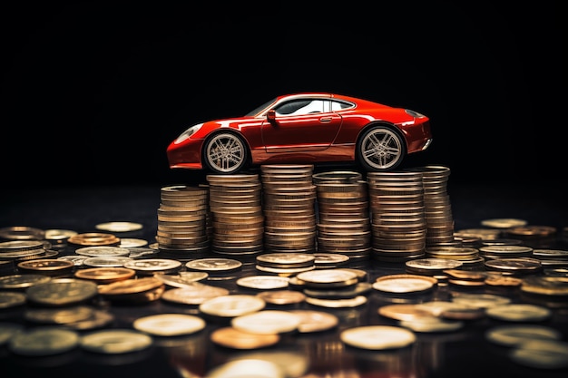 Modelo de automóvil con pila de monedas Concepto de automóvil de ensueño