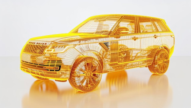 Modelo de automóvil de Range Rover Sport hecho de marco de alambre amarillo sobre fondo blanco