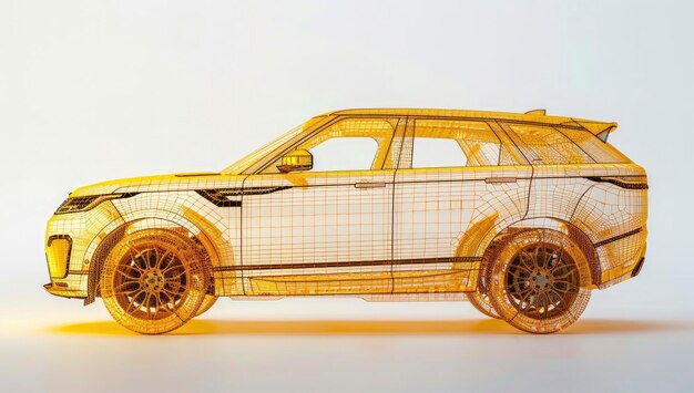 Foto modelo de automóvil de range rover sport hecho de marco de alambre amarillo sobre fondo blanco