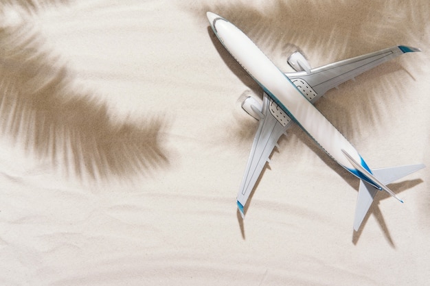 Modelo de avión, avión y hojas de palma sombras sobre fondo de arena dorada. Diseño plano. Viajes, concepto de vacaciones