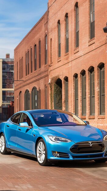 un modelo azul de Tesla estacionado frente a un edificio de ladrillo