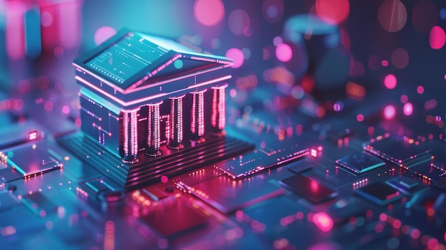 Modelo de banco digital futurista en placa de circuito Concepto tecnológico de colocación plana con espacio de copia