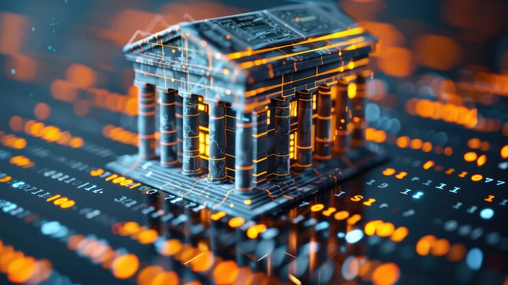 Modelo de banco digital con líneas brillantes en una placa de circuitos concepto de tecnología financiera colocación plana