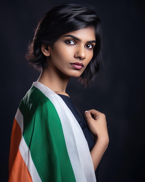 modelo con bandera de la India en el hombro de fondo sólido al azar