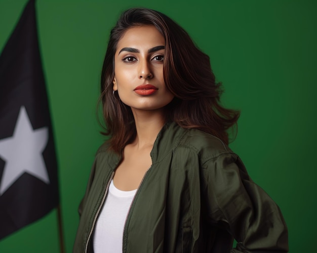 modelo con bandera de Pakistán en el hombro de fondo sólido al azar