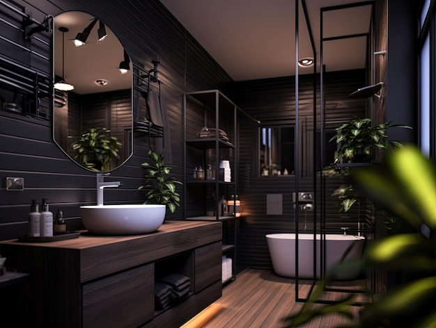 Modelo de baño interior realista con espejo y grifo diseño minimalista moderno IA generativa