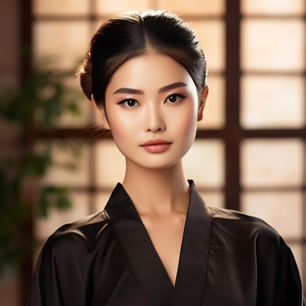 La modelo de belleza asiática puso el cabello chignon con maquillaje natural en la cara