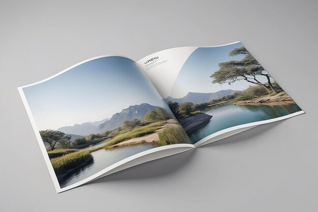 Foto modelo en blanco de un folleto de paisaje fotorrealista a4 sobre un fondo gris claro
