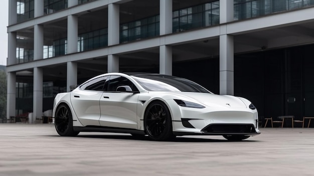 Un modelo blanco de tesla está estacionado frente a un edificio.