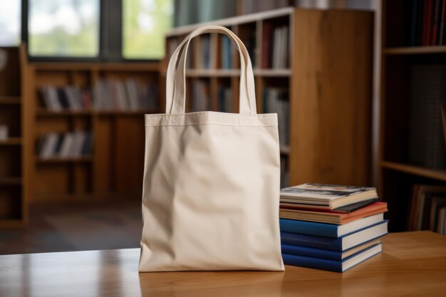 Modelo de bolsa de equipaje de lienzo beige en una mesa de madera en la biblioteca Bolsa de equipaje ecológica