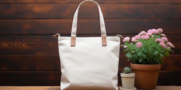 Modelo de bolsa de mano blanca generada por AI con fondo de plantas Eco carry shopping