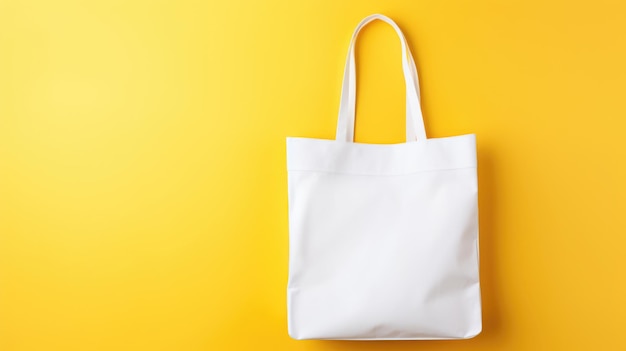 Foto modelo de bolsa de tela blanca en blanco con fondo amarillo