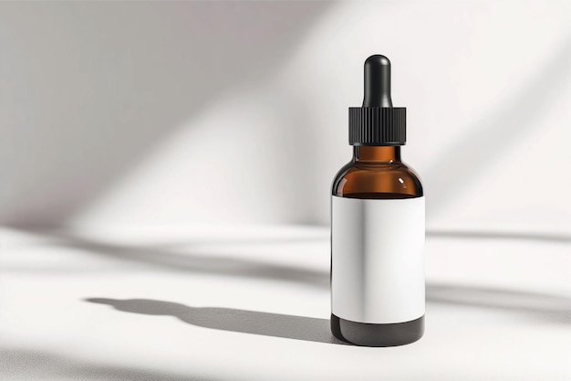 Foto modelo de botella de gotero de botella cosmética de un botellón de vidrio de suero oscuro con etiqueta blanca