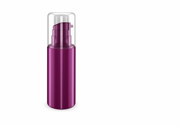 Modelo de botella de spray de nácar de color lila profundo aislado del fondo diseño de embalaje de botella plástica de champú plantilla de higiene médica para el cuerpo o el cuidado facial ilustración 3D