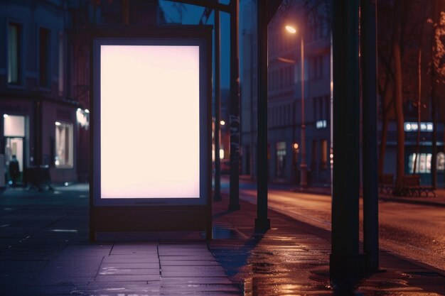 Modelo branco em branco de caixa de luz vertical em uma parada de ônibus à noite