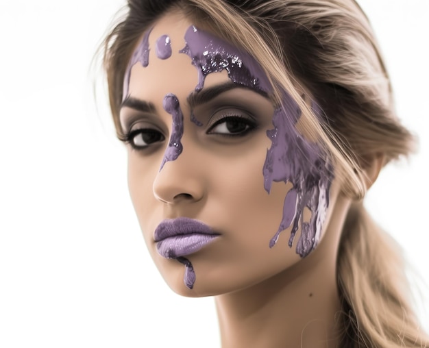 Modelo brasileiro atraente com fotografia de pintura facial violeta