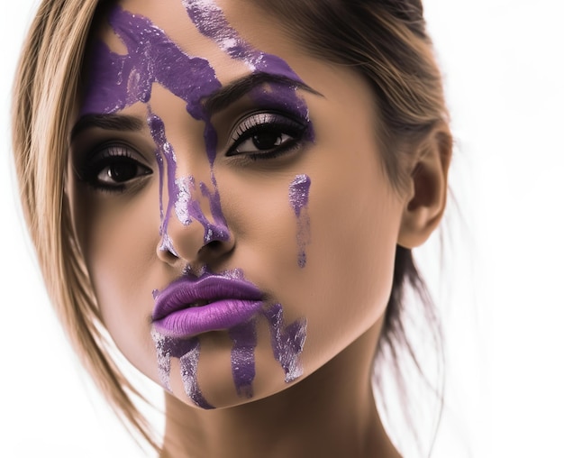 Modelo brasileiro atraente com fotografia de pintura facial violeta