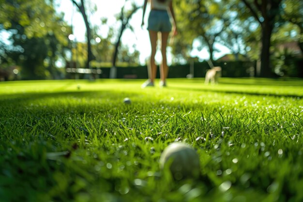 Foto modelo brincando em um parque com grama verde