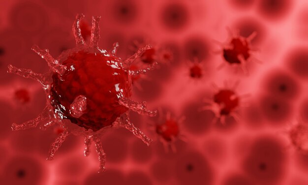 Modelo para el brote de coronavirus Covid-19 y coronavirus concepto de gripe en un fondo negro como casos de cepa de gripe peligrosa como un riesgo de salud médica pandémica con célula de enfermedad como una representación 3D