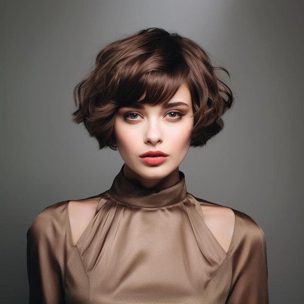 una modelo con el cabello corto y un vestido marrón con un lazo en la parte superior.