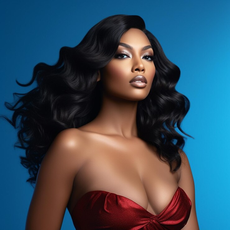 Una modelo con el cabello largo y negro y un vestido rojo con un largo cabello negro.