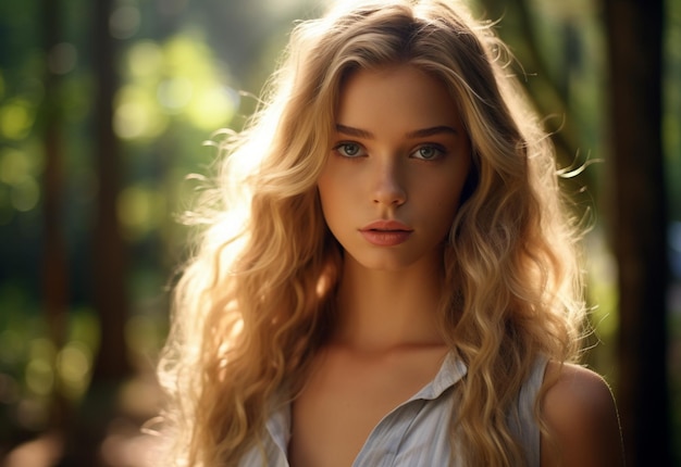 una modelo con cabello largo y rubio y una camisa blanca