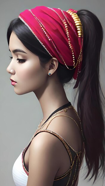 Una modelo con el cabello largo y un turbante rojo