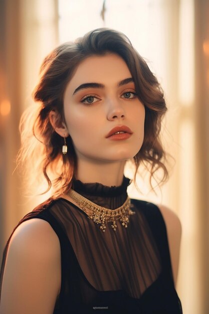 una modelo con cabello marrón y un collar de oro.