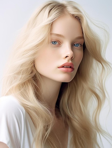 Foto una modelo con cabello rubio y una camisa blanca
