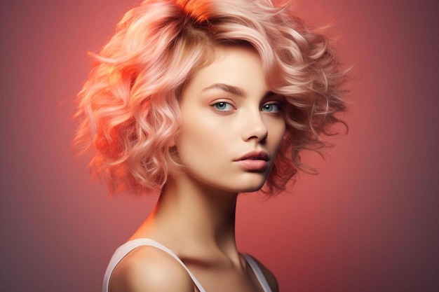 un modelo con cabello rubio y un fondo rosa