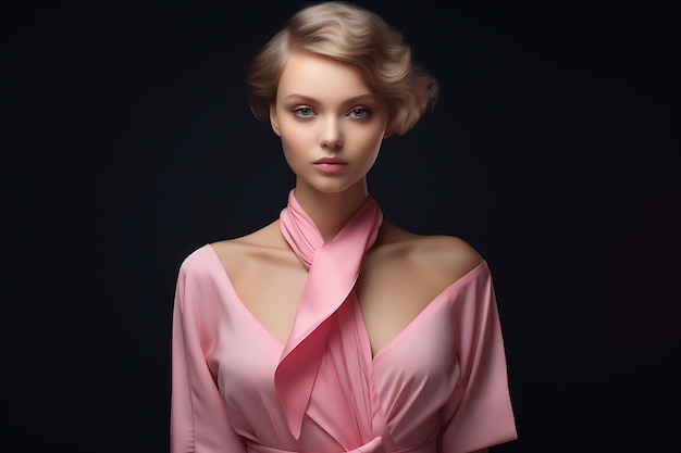 una modelo de cabello rubio con un vestido rosa