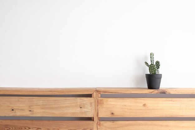 Modelo de cactus en el tablero de paleta de madera con pared blanca aislada.