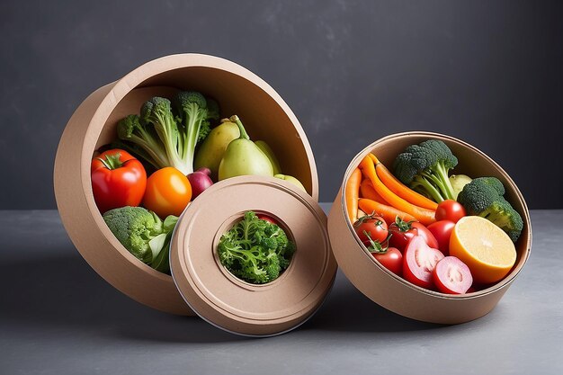 Modelo de caja redonda de contenedor de alimentos para llevar con verduras y frutas