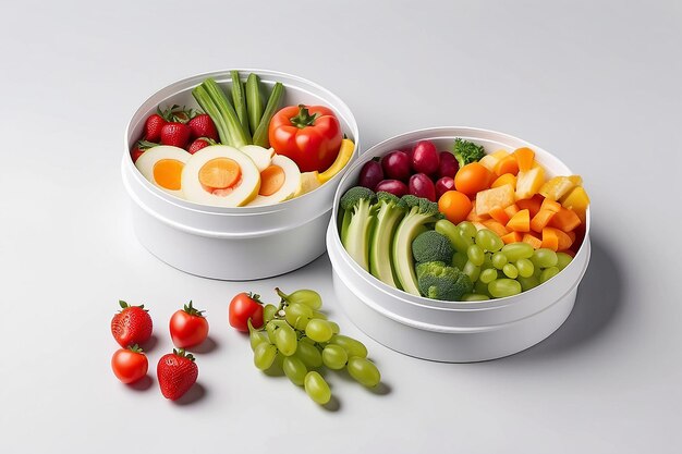 Modelo de caja redonda de contenedor de alimentos para llevar con verduras y frutas