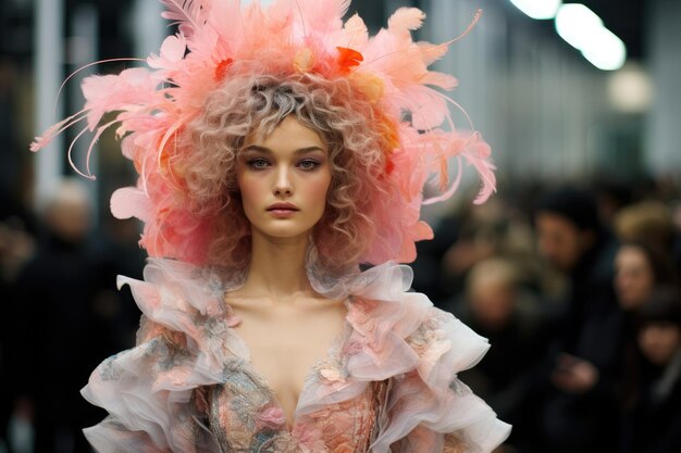 Una modelo camina por la pasarela durante el desfile de Chanel como parte de la Semana de la Moda Femenina Primavera-Verano 2016 en París Francia Una mujer top model en un desfile de la semana de la moda AI generada