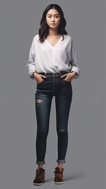 Una modelo con camisa blanca y jeans negros.