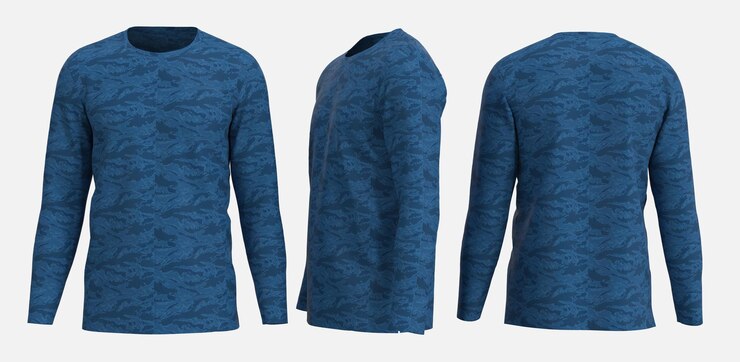 Modelo de camisa de cuello de tripulación de manga larga azul