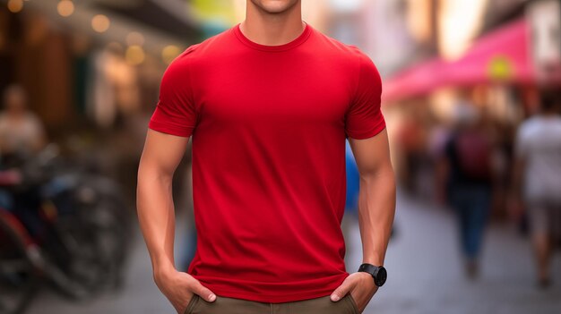 Modelo de camisa de joven niño con camisa roja en la calle a la luz del día Modelo de camiña