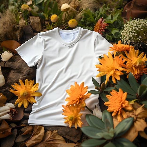 Modelo de camiseta blanca decorada con flores inspirado en la naturaleza