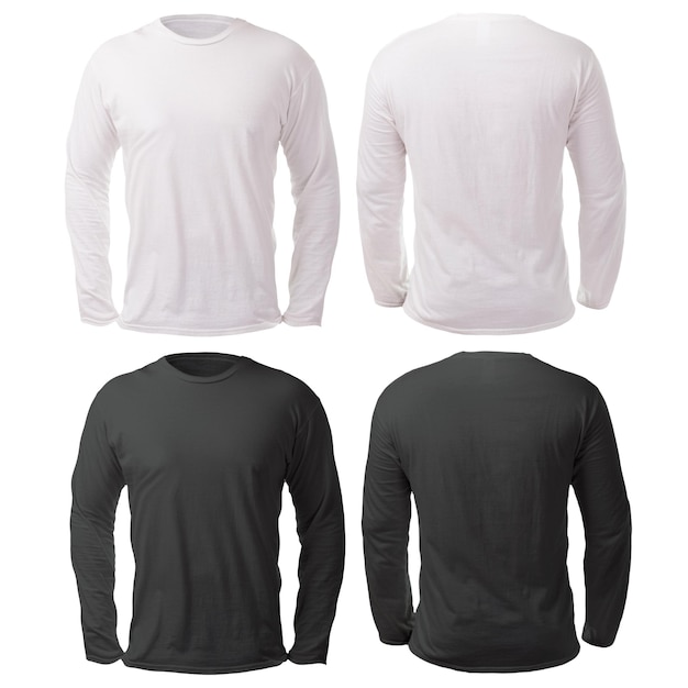 Foto modelo de camiseta de manga larga blanca y negra hacia adelante y hacia atrás modelo de espacio de copia de diseño de camisa