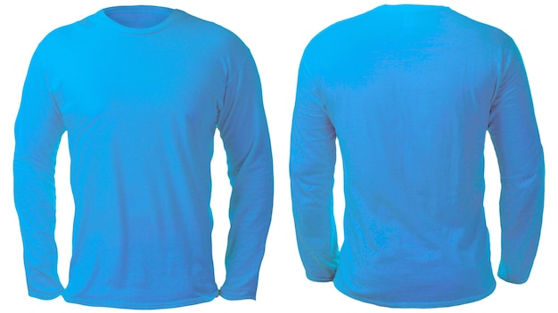 Modelo de camiseta de mangas largas azules hacia adelante y hacia atrás Modelo de espacio de copia de diseño de camisa